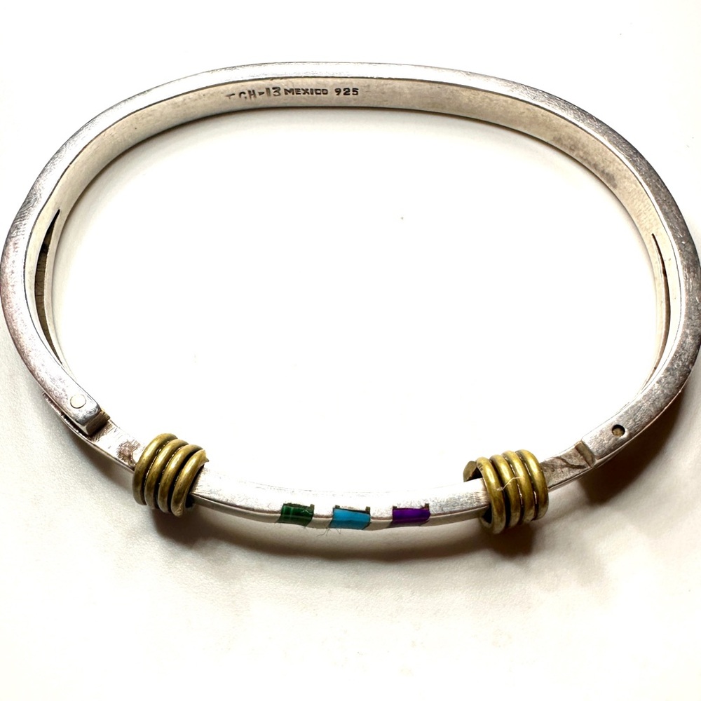 Taxco Sterling Silver and Brass Hinge Bangle Bracelet Vintage Mexico Approx 25g - Picture 5 of 6